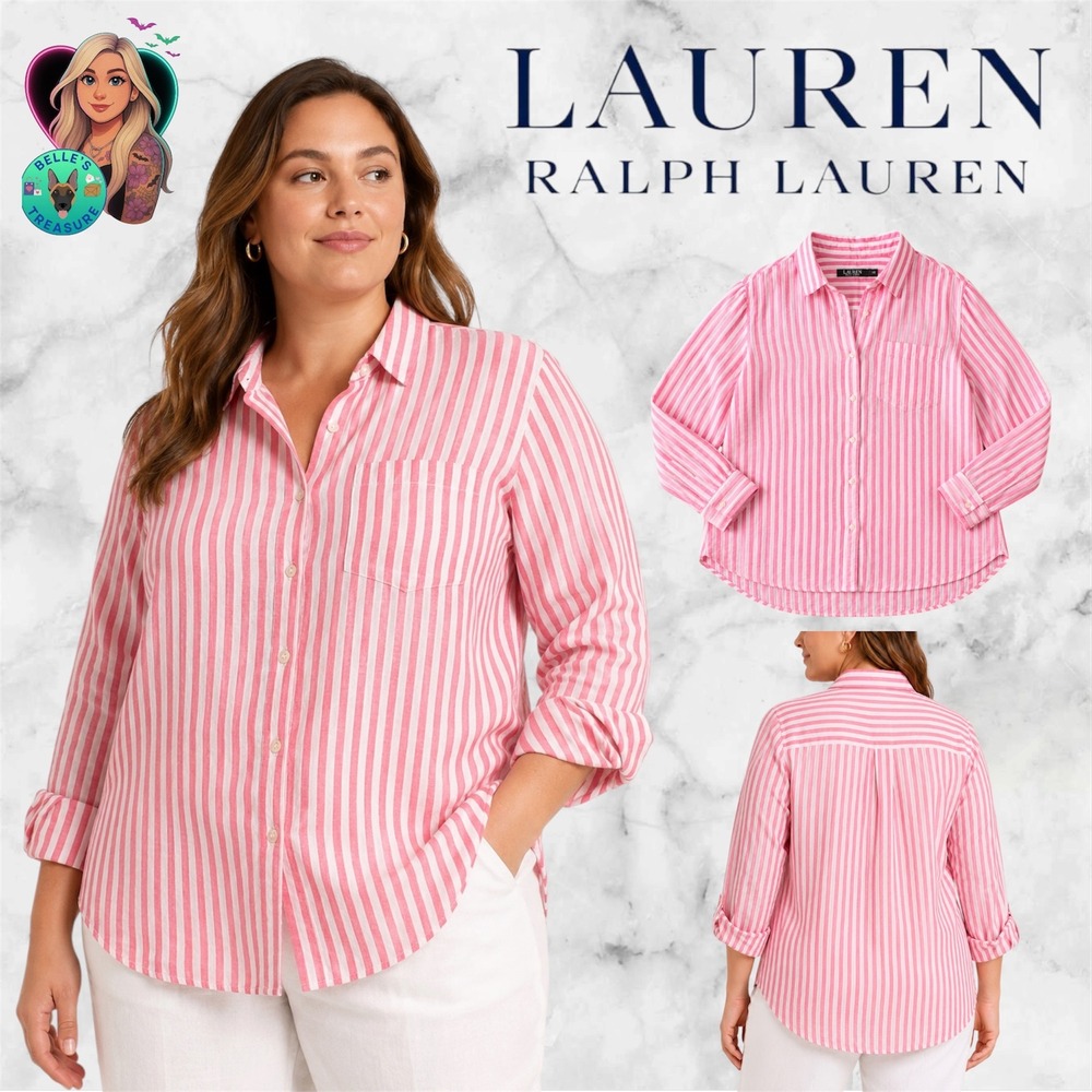 Ralph Lauren LRL Women's 1X Pink White Striped Linen Button Down Shirt Plus Size